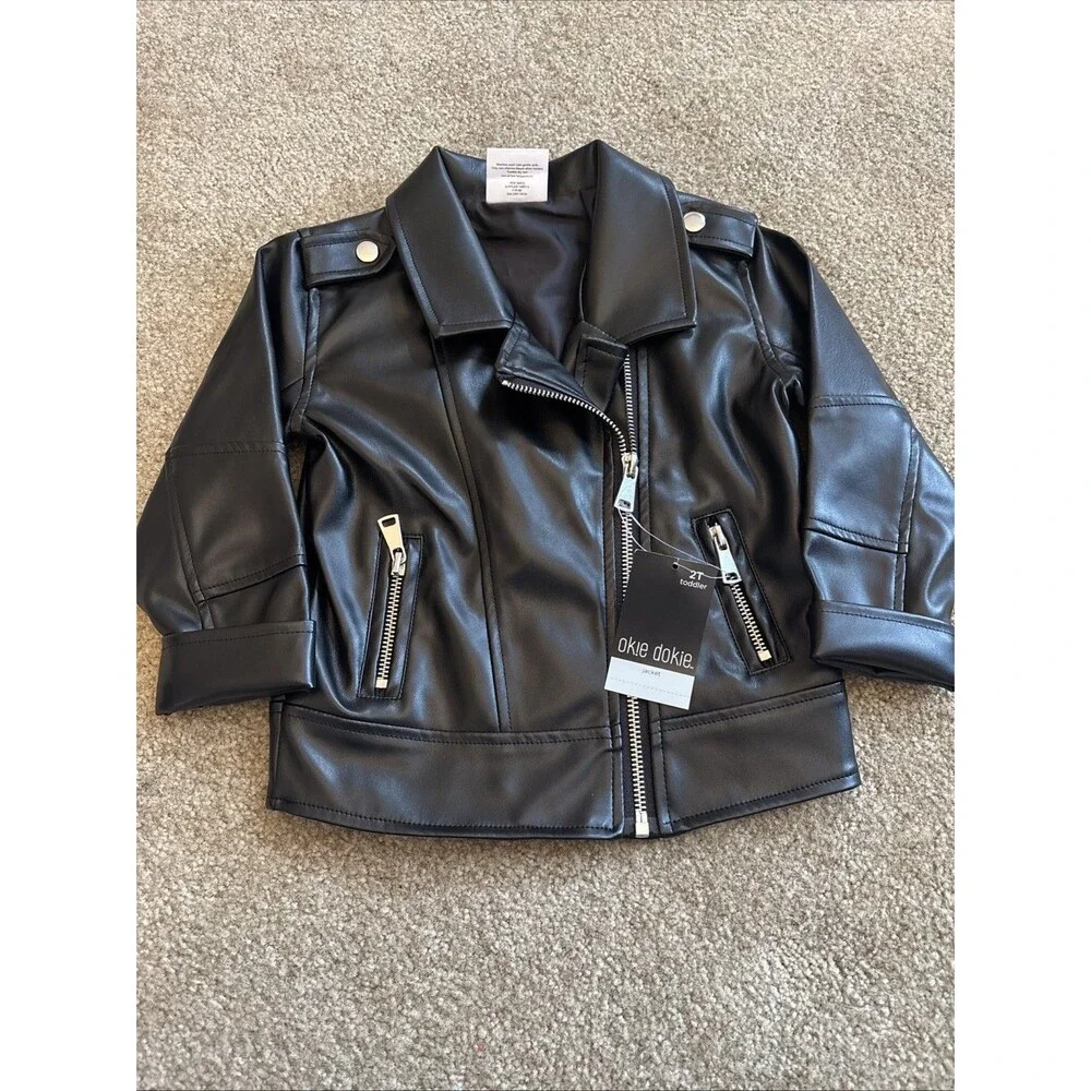 Ok!e Dokie Black Faux Leather Moto Biker Jacket Zip Up Girls Size 2T NWT Toddler